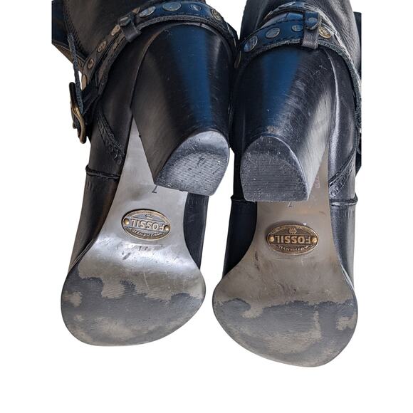 Fossil Boots Womens Size 7 Black Leather Ankle Studded Western Style Chunky Heel - Picture 5 of 11